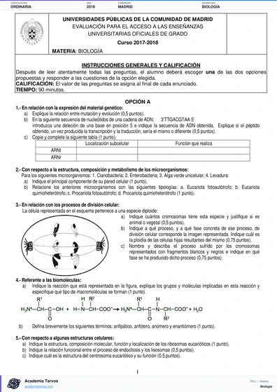 Vista previa de Examen PAU de Biología de Comunidad de Madrid 2018 – Ordinaria