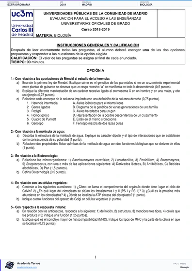Vista previa de Examen PAU de Biología de Comunidad de Madrid 2019 – Extraordinaria