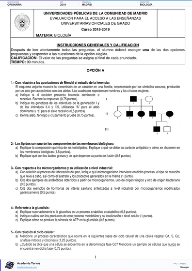 Vista previa de Examen PAU de Biología de Comunidad de Madrid 2019 – Ordinaria