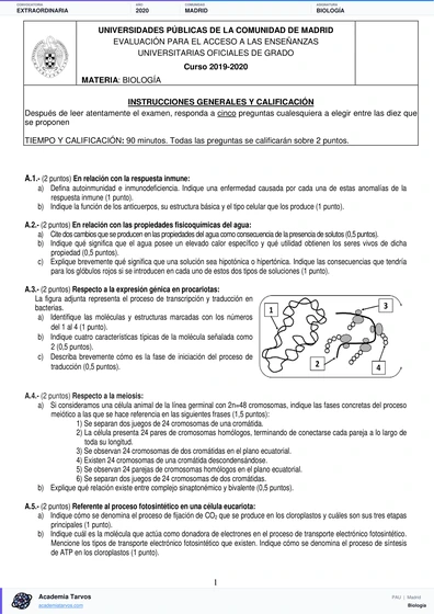 Vista previa de Examen PAU de Biología de Comunidad de Madrid 2020 – Extraordinaria