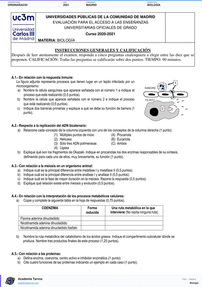 Vista previa de Examen PAU de Biología de Comunidad de Madrid 2021 – Ordinaria