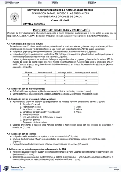 Vista previa de Examen PAU de Biología de Comunidad de Madrid 2022 – Extraordinaria
