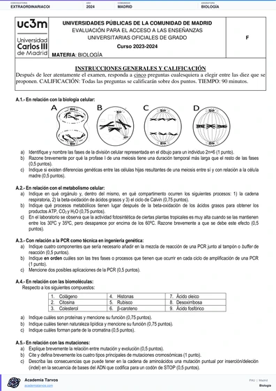 Vista previa de Examen PAU de Biología de Comunidad de Madrid 2024 – Extraordinaria