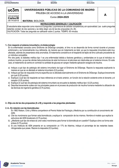 Vista previa de Examen PAU de Biología de Comunidad de Madrid 2025 – Extraordinaria