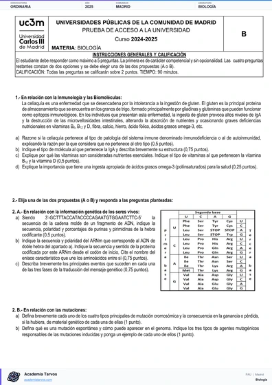 Vista previa de Examen PAU de Biología de Comunidad de Madrid 2025 – Ordinaria