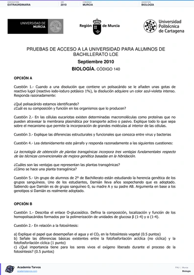 Vista previa de Examen PAU de Biología de Región de Murcia 2010 – Extraordinaria