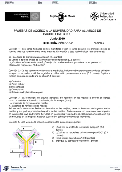 Vista previa de Examen PAU de Biología de Región de Murcia 2010 – Ordinaria