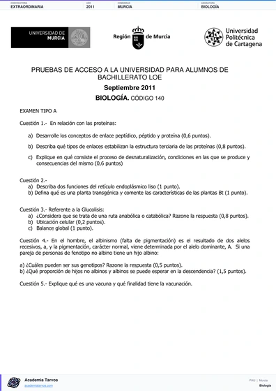 Vista previa de Examen PAU de Biología de Región de Murcia 2011 – Extraordinaria
