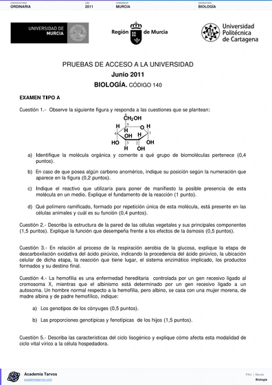 Vista previa de Examen PAU de Biología de Región de Murcia 2011 – Ordinaria