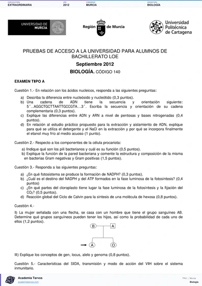 Vista previa de Examen PAU de Biología de Región de Murcia 2012 – Extraordinaria