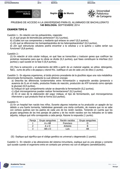 Vista previa de Examen PAU de Biología de Región de Murcia 2014 – Extraordinaria