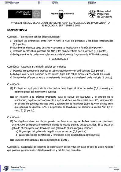 Vista previa de Examen PAU de Biología de Región de Murcia 2015 – Extraordinaria
