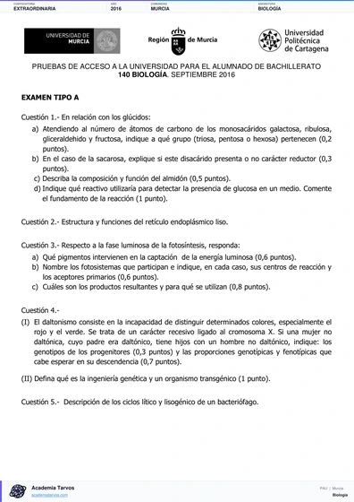 Vista previa de Examen PAU de Biología de Región de Murcia 2016 – Extraordinaria