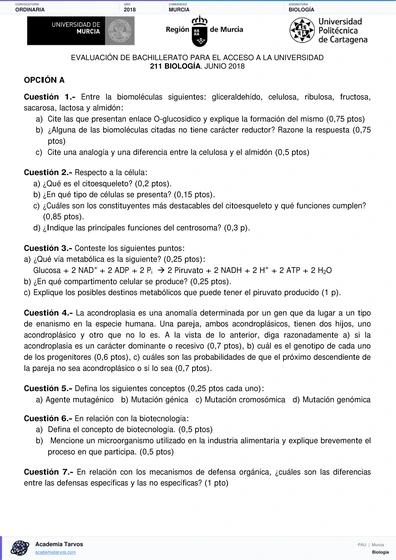 Vista previa de Examen PAU de Biología de Región de Murcia 2018 – Ordinaria