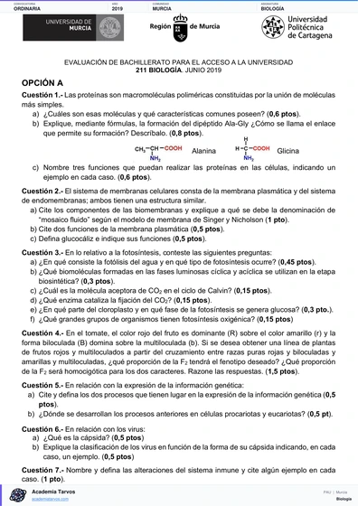 Vista previa de Examen PAU de Biología de Región de Murcia 2019 – Ordinaria