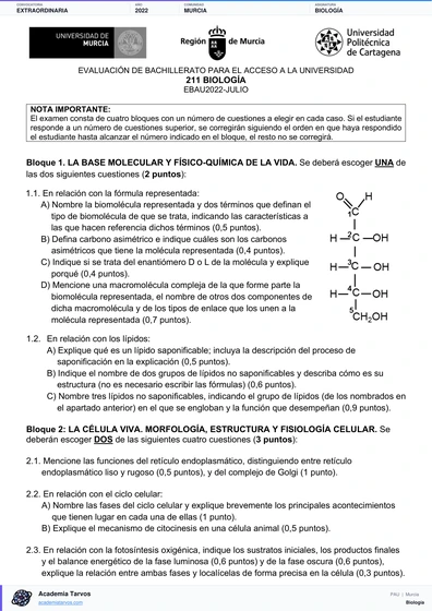 Vista previa de Examen PAU de Biología de Región de Murcia 2022 – Extraordinaria
