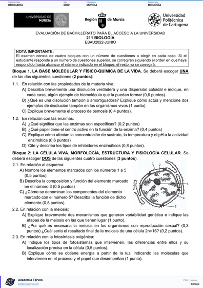 Vista previa de Examen PAU de Biología de Región de Murcia 2022 – Ordinaria