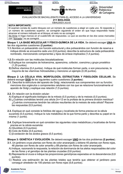 Vista previa de Examen PAU de Biología de Región de Murcia 2023 – Extraordinaria
