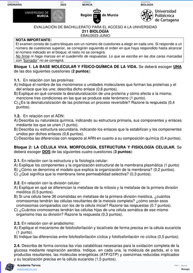 Vista previa de Examen PAU de Biología de Región de Murcia 2023 – Ordinaria