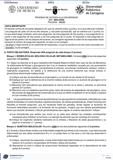 Vista previa de Examen PAU de Biología de Región de Murcia 2025 – Extraordinaria