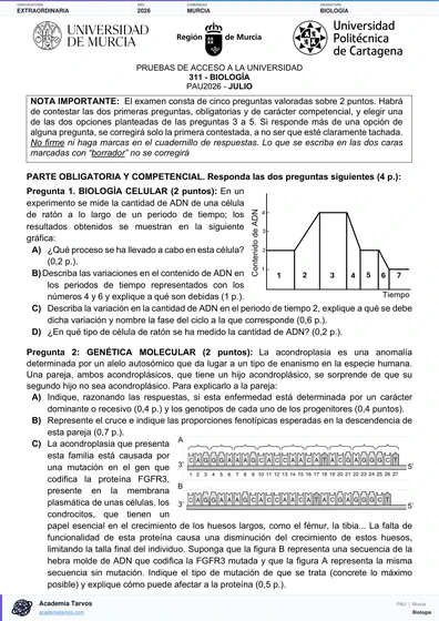 Vista previa de Examen PAU de Biología de Región de Murcia 2026 – Extraordinaria