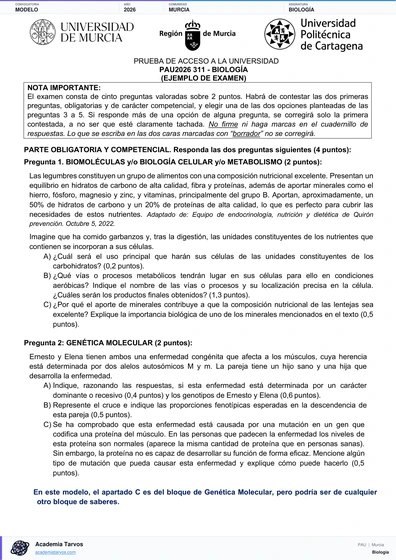 Vista previa de Modelo PAU de Biología de Región de Murcia 2026