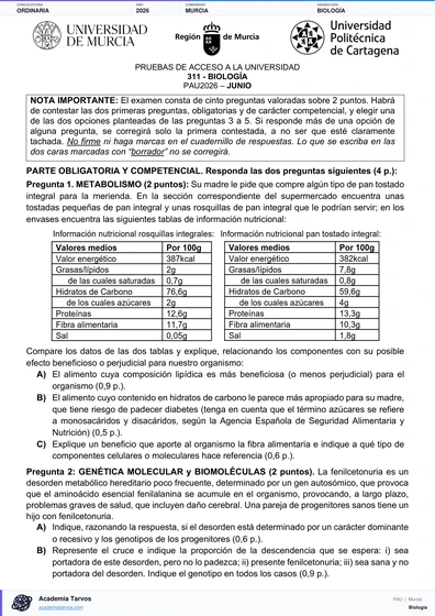 Vista previa de Examen PAU de Biología de Región de Murcia 2026 – Ordinaria