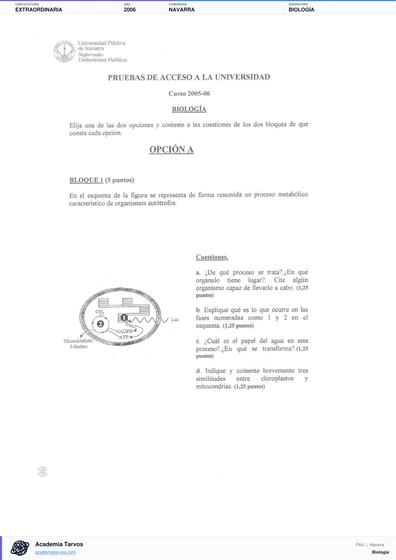 Vista previa de Examen PAU de Biología de Navarra 2006 – Extraordinaria