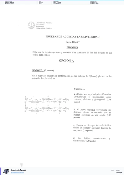 Vista previa de Examen PAU de Biología de Navarra 2007 – Ordinaria