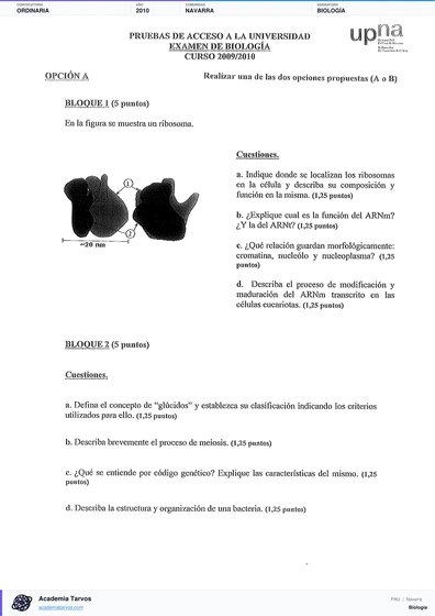 Vista previa de Examen PAU de Biología de Navarra 2010 – Ordinaria