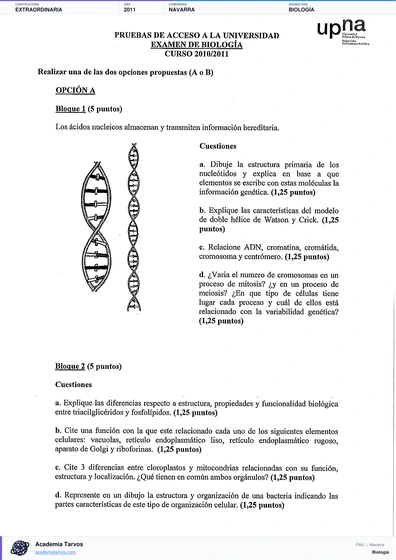 Vista previa de Examen PAU de Biología de Navarra 2011 – Extraordinaria