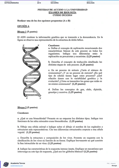 Vista previa de Examen PAU de Biología de Navarra 2014 – Extraordinaria