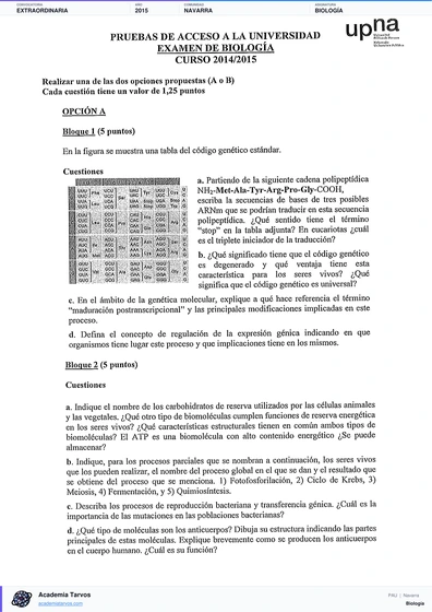 Vista previa de Examen PAU de Biología de Navarra 2015 – Extraordinaria