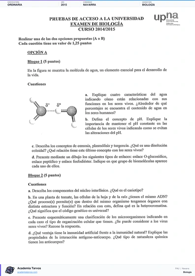 Vista previa de Examen PAU de Biología de Navarra 2015 – Ordinaria