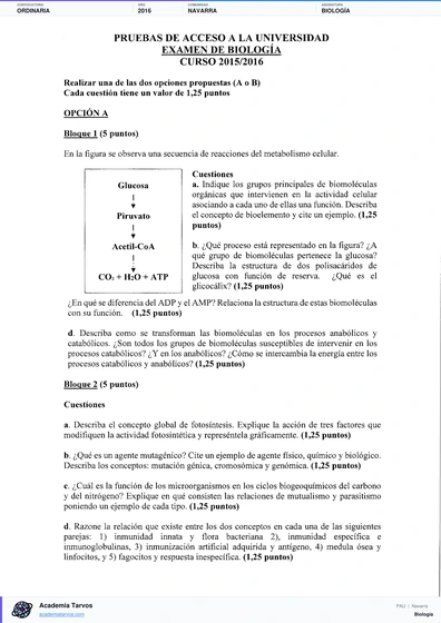 Vista previa de Examen PAU de Biología de Navarra 2016 – Ordinaria