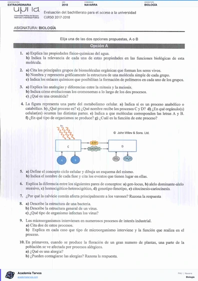 Vista previa de Examen PAU de Biología de Navarra 2018 – Extraordinaria