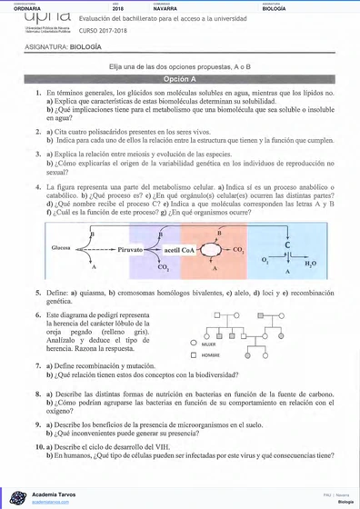 Vista previa de Examen PAU de Biología de Navarra 2018 – Ordinaria