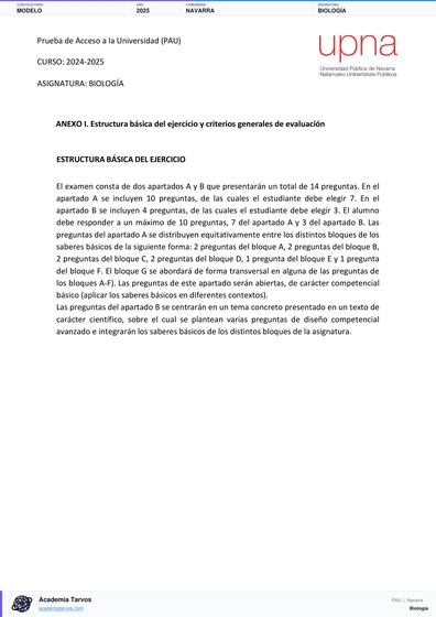Vista previa de Modelo PAU de Biología de Navarra 2025