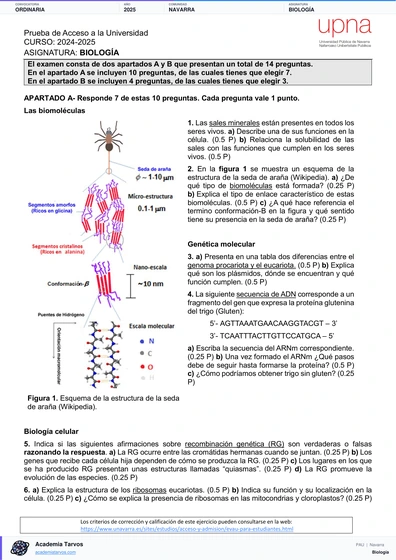 Vista previa de Examen PAU de Biología de Navarra 2025 – Ordinaria