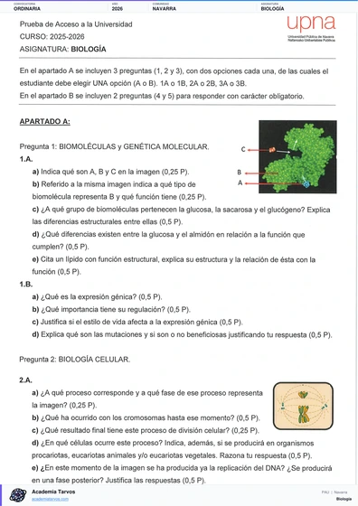 Vista previa de Examen PAU de Biología de Navarra 2026 – Ordinaria