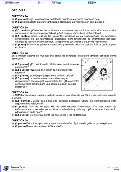 Vista previa de Examen PAU de Biología de País Vasco 2010 – Extraordinaria