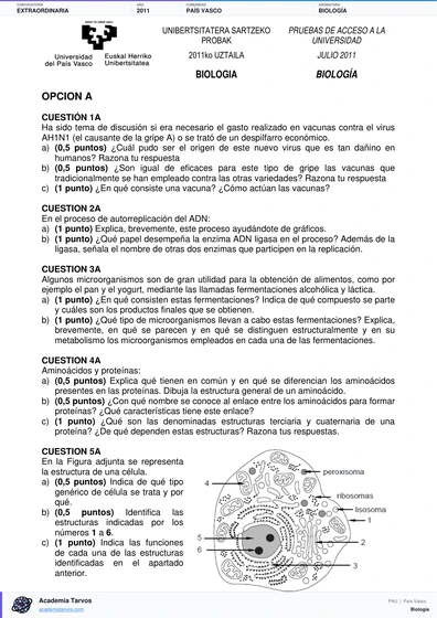Vista previa de Examen PAU de Biología de País Vasco 2011 – Extraordinaria