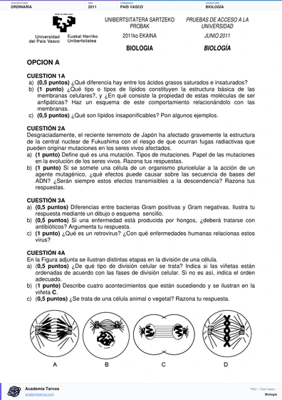 Vista previa de Examen PAU de Biología de País Vasco 2011 – Ordinaria