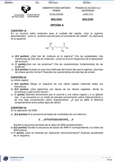 Vista previa de Examen PAU de Biología de País Vasco 2012 – Ordinaria