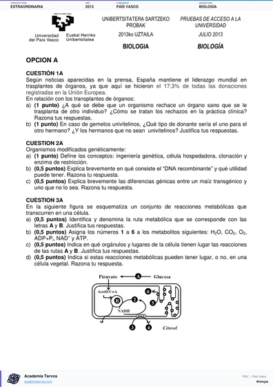 Vista previa de Examen PAU de Biología de País Vasco 2013 – Extraordinaria