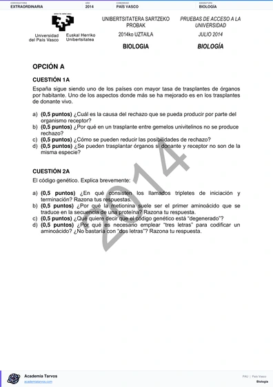Vista previa de Examen PAU de Biología de País Vasco 2014 – Extraordinaria