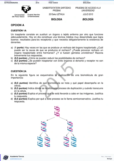 Vista previa de Examen PAU de Biología de País Vasco 2015 – Extraordinaria