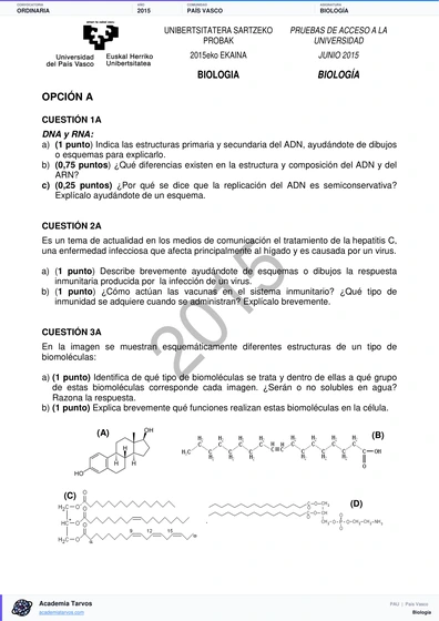 Vista previa de Examen PAU de Biología de País Vasco 2015 – Ordinaria
