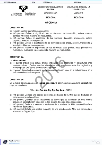 Vista previa de Examen PAU de Biología de País Vasco 2016 – Extraordinaria