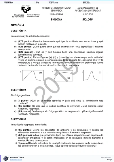 Vista previa de Examen PAU de Biología de País Vasco 2019 – Ordinaria